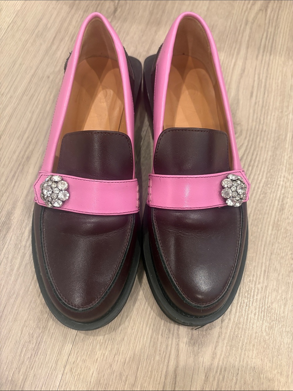 Ganni  Two-Tone Pink & Burgundy Leather Loafers with Crystal Accent